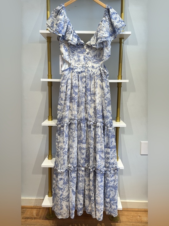 Aqua Dresses & Skirts - NWT Porcelain Blue and White Floral Ruffle Maxi Dress with Gold Foil Accents